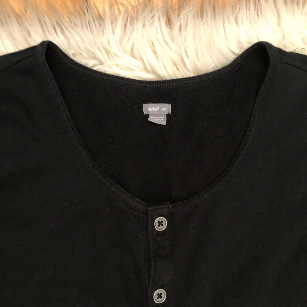 Aerie Black Wide Leg Long Sleeves Drawstring Cotton Half Button Jumpsuit size S
